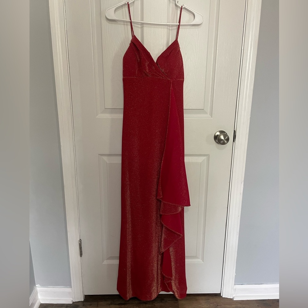 Red Asymmetrical Gown with Spaghetti Straps and Slit